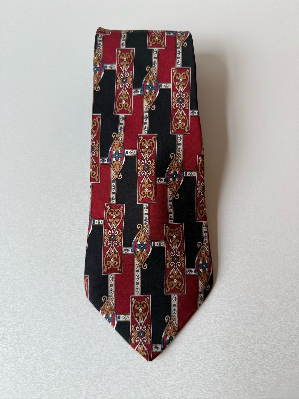 Louis Feraud Red and Black Silk Patterned Tie with Gold Motifs